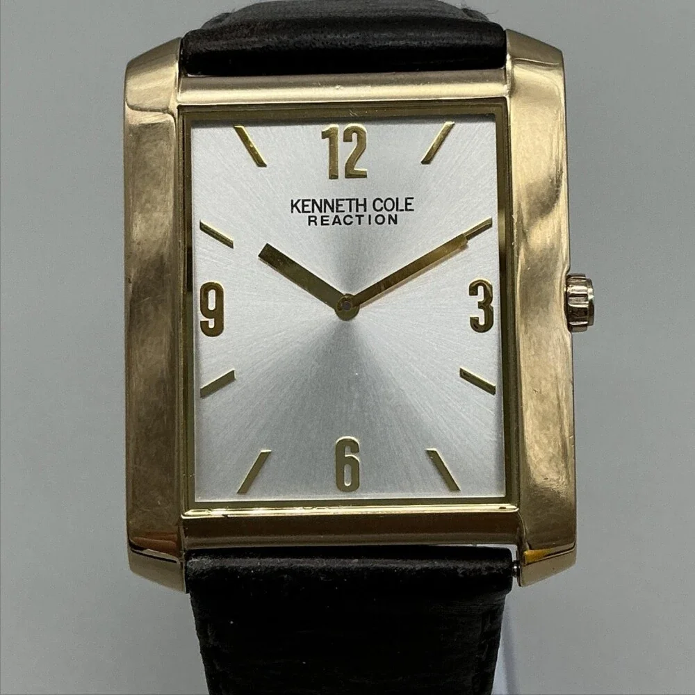 Kenneth Cole Reaction Mens Watch 33mm Silver Gold Tone Black Leather New Battery